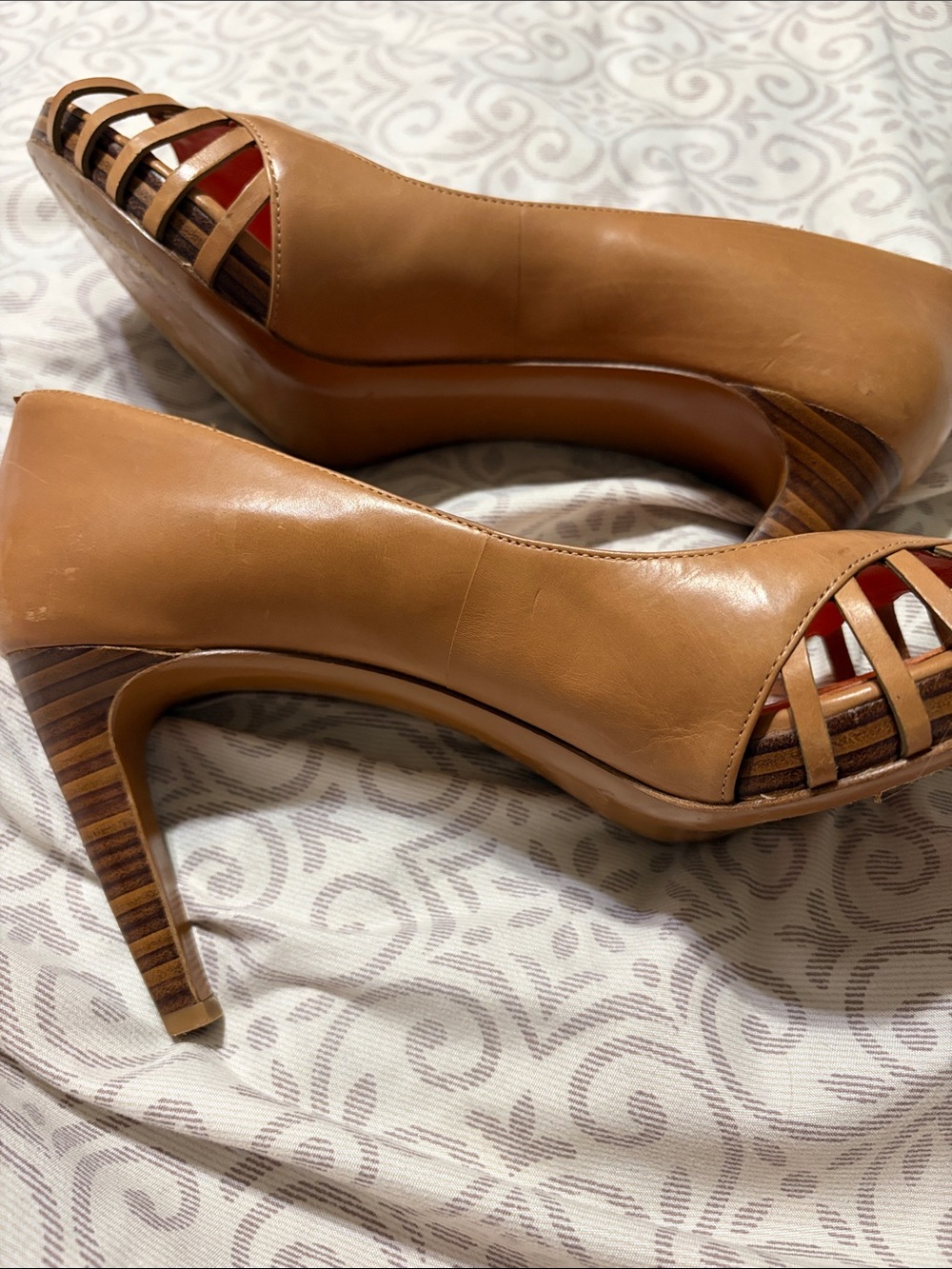 Via Spiga Tan Peep-Toe 3.5” Stiletto Heels Orange Insole Size 8.5 - Picture 9 of 11